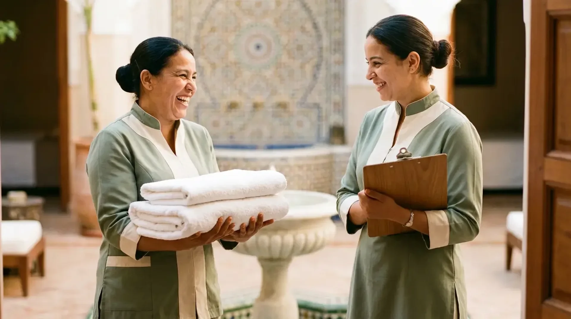 L'équipe d'un riad au travail — contrats, congés et paie suivis dans l'espace RH